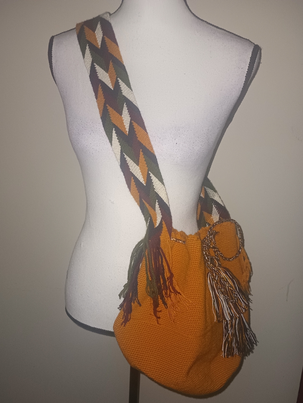 Crossbody Rust, Brown, Tan and Green Handwoven Bucket Bag